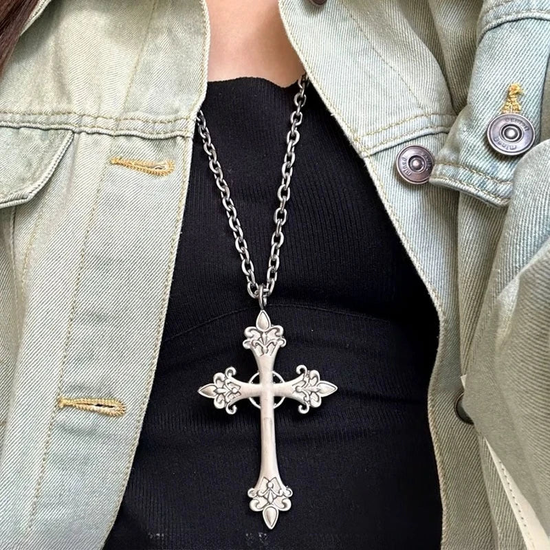 Vintage Gothic Cross Pendant Necklace With Layered Chain Y2K Punk Styling Accents