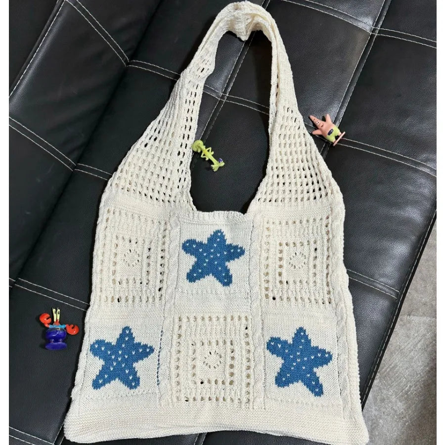 Open Knit Tote Shoulder Bag with Large Capacity Casual Design