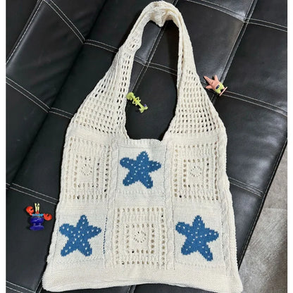 Open Knit Tote Shoulder Bag with Large Capacity Casual Design