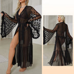 Dramatic Sheer Red Mesh Robe with Flowing Bell Sleeves and Lace Edging