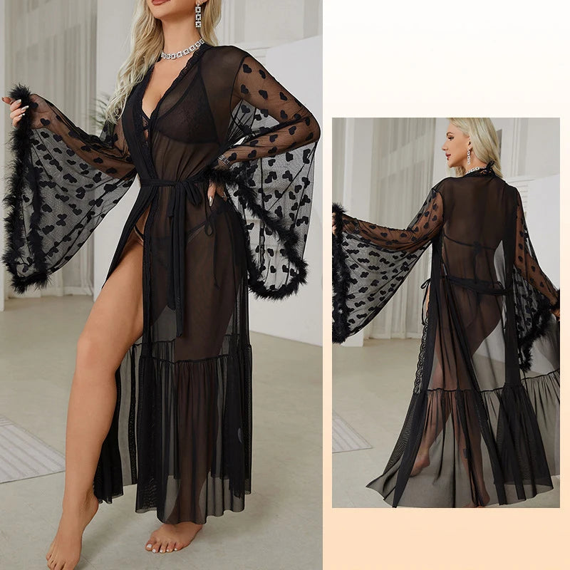 Dramatic Sheer Red Mesh Robe with Flowing Bell Sleeves and Lace Edging