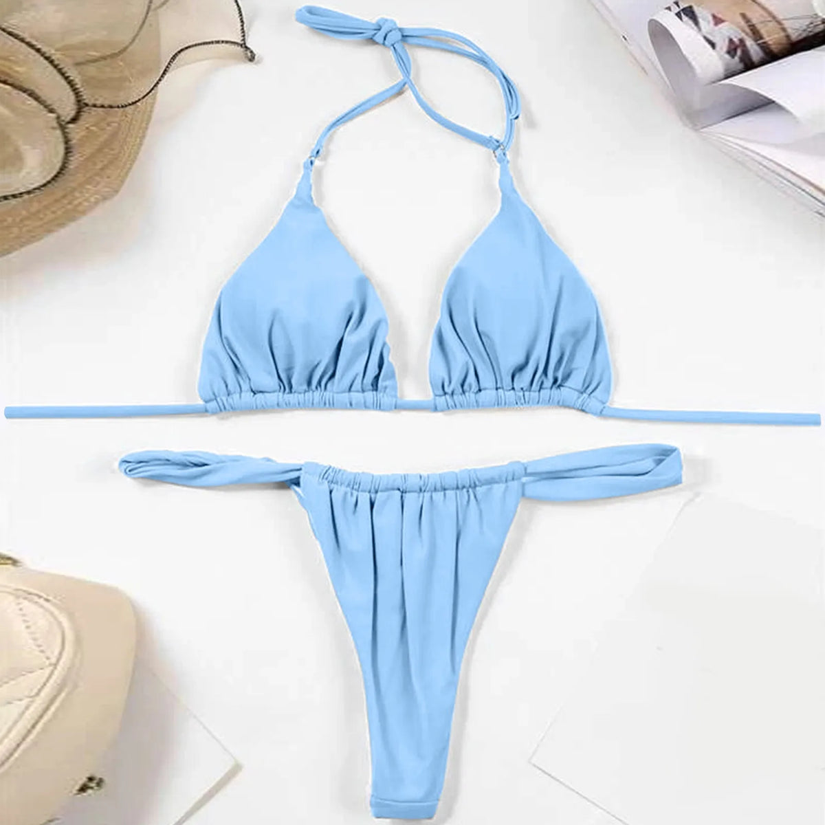 Solid Royal Blue Triangle String Bikini Set with Tie Fastenings