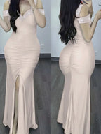 Body Skimming Maxi Dress With Cold Shoulder Detail And Slit