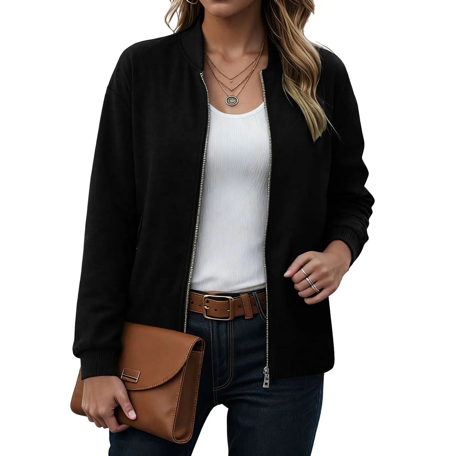 Women's Minimalist Zip Front Faux Suede Bomber Jacket for Contemporary Streetwear