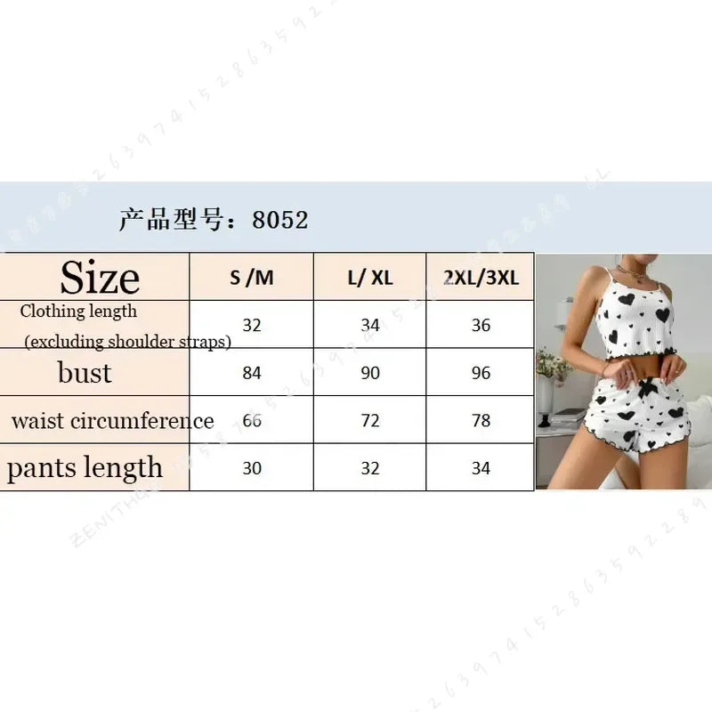 Sweetheart Print Two-Piece Cropped Camisole and Shorts Sleepwear Set with Lettuce Trim