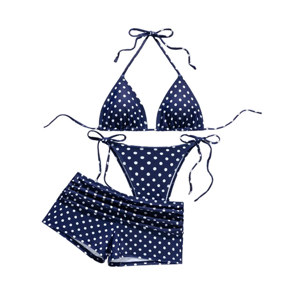 Classic Navy Polka Dot Three-Piece Bikini Set with Matching Swim Shorts