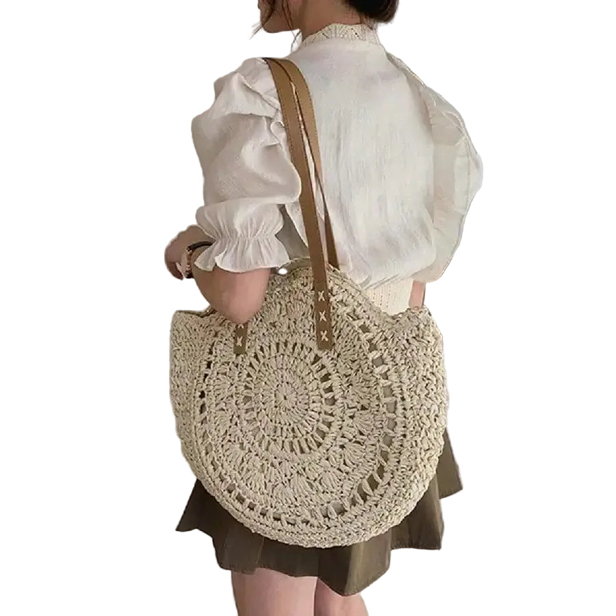 Handwoven Hollow Straw Round Tote Bag with Open Design Summer Carryall