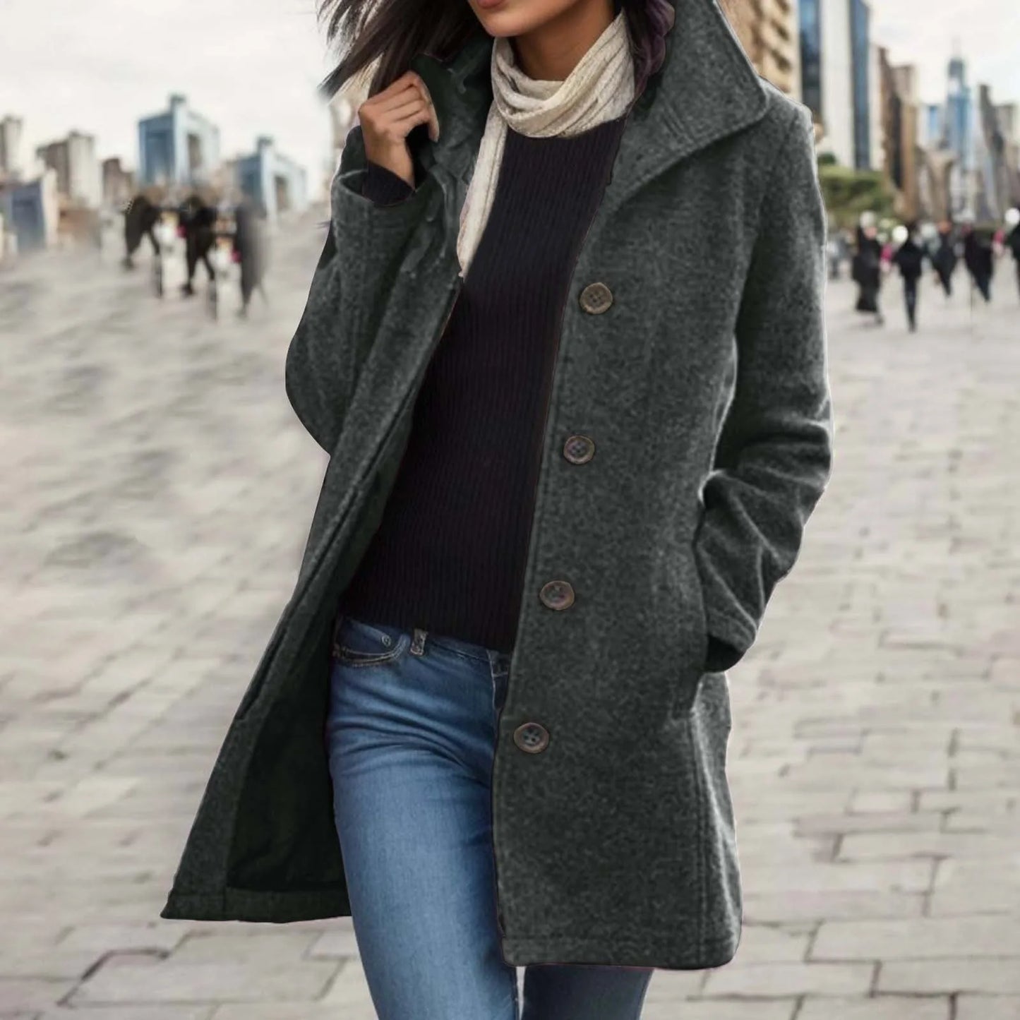 Women's Mid-Length Button Front Coat Relaxed Tailored Winter Casual Everyday Outerwear