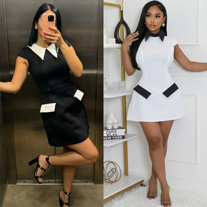 Color Block Collared Mini Dress with Tailored Straight Fit and Pocket Detail