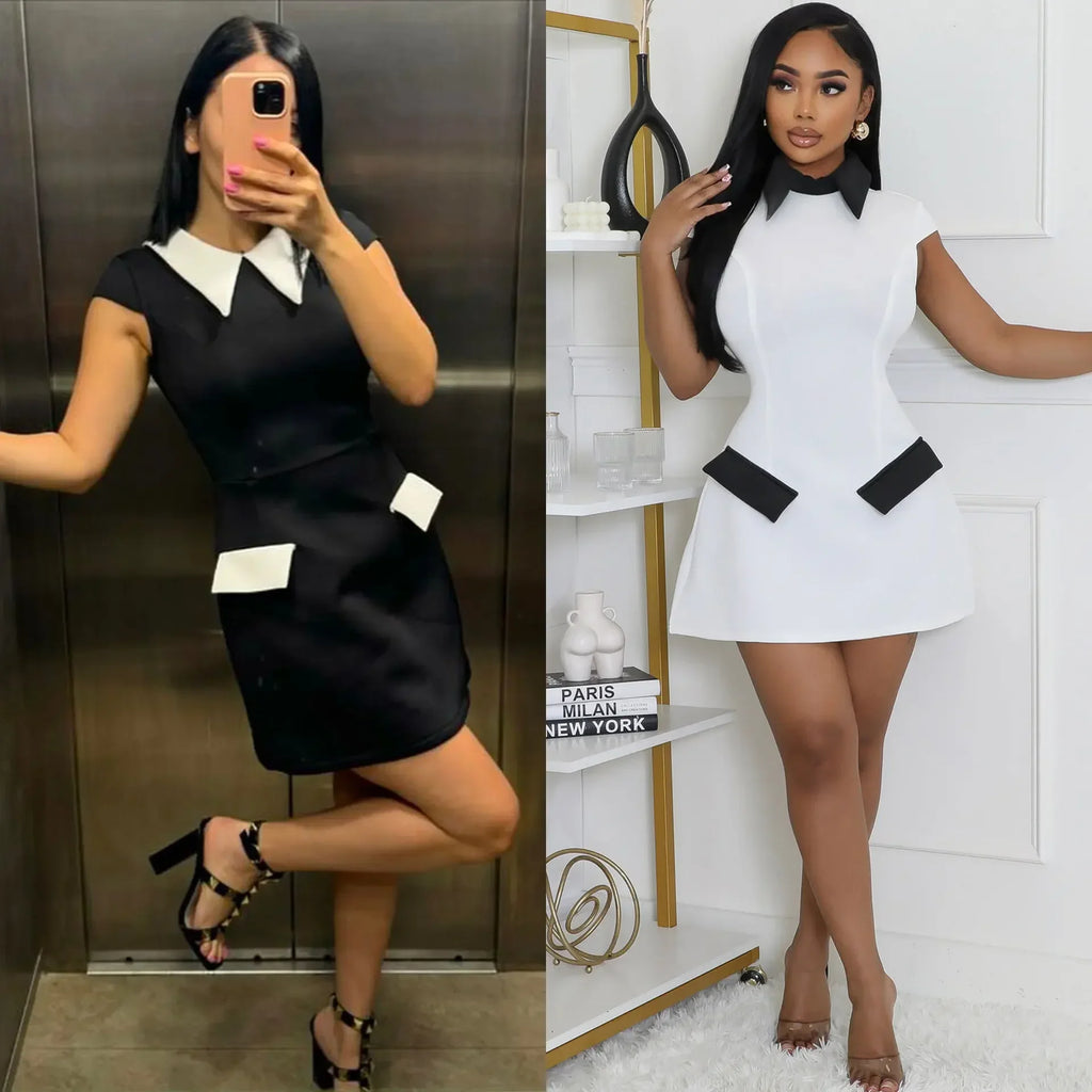 High-Contrast Mod Mini Dress with Pointed Collar and Faux Pocket Details