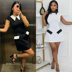 High-Contrast Mod Mini Dress with Pointed Collar and Faux Pocket Details