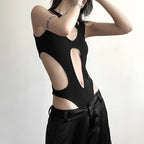Asymmetric Cutout High Cut Bodysuit for Gothic Techwear Alternative Fashion