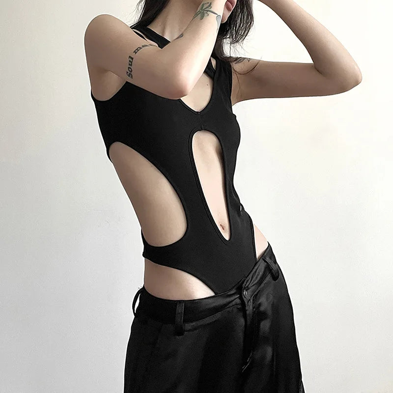 Asymmetric Cutout High Cut Bodysuit for Gothic Techwear Alternative Fashion
