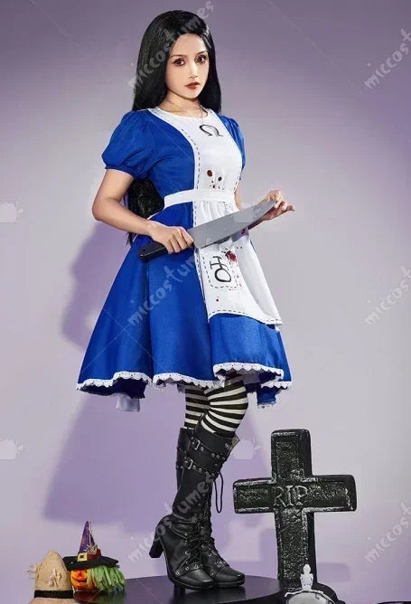 Women's Classic Maid-Inspired Dress Set with Apron, Bow, Belt and Striped Thigh-High Socks