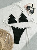 Textured Cream Triangle String Bikini with Shell-Inspired Embellishments
