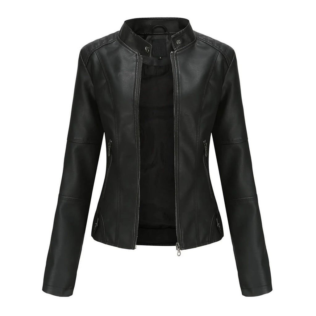 Women's Minimalist Faux Leather Zip Jacket with Stand Collar Contemporary Streetwear Style