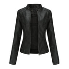 Women's Minimalist Faux Leather Zip Jacket with Stand Collar Contemporary Streetwear Style