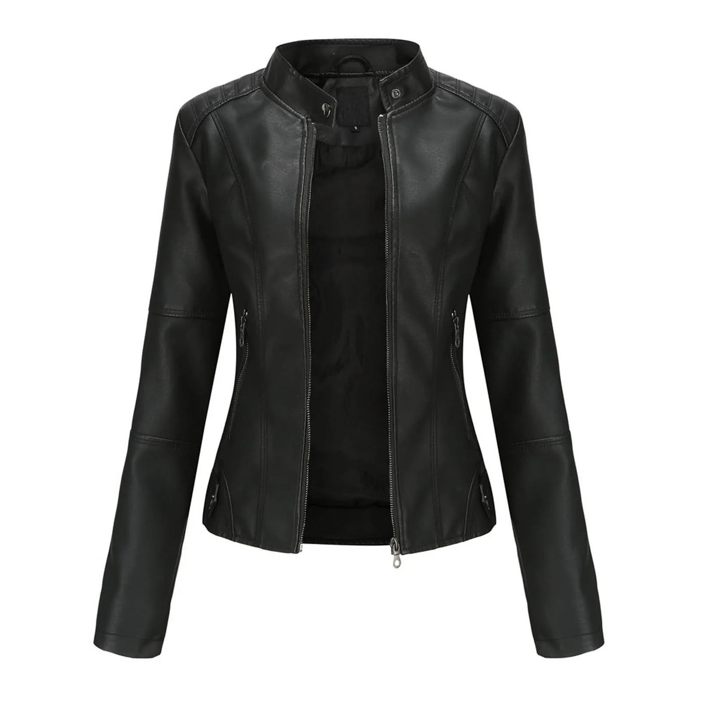Women's Minimalist Faux Leather Zip Jacket with Stand Collar Contemporary Streetwear Style