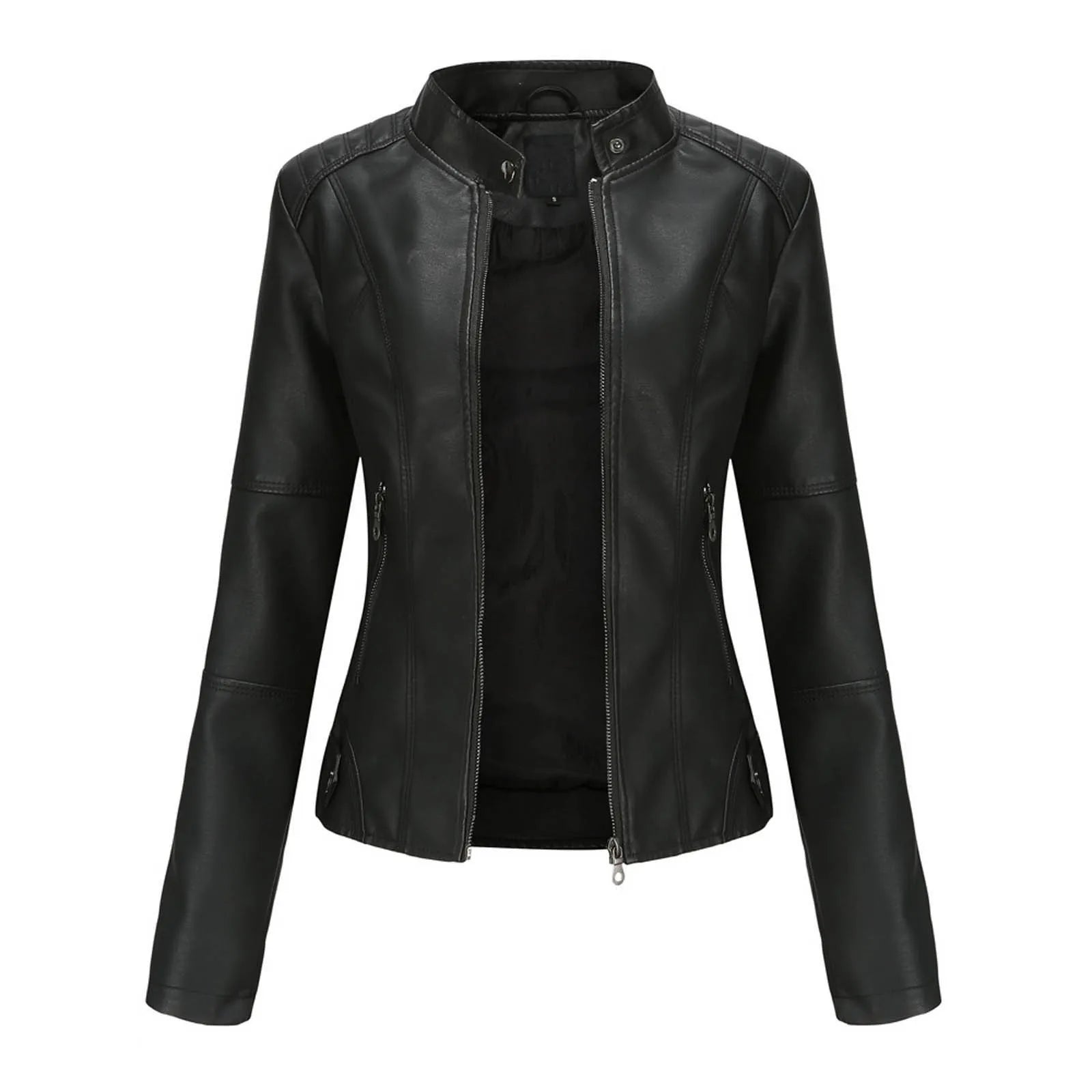 Women's Minimalist Faux Leather Zip Jacket with Stand Collar Contemporary Streetwear Style
