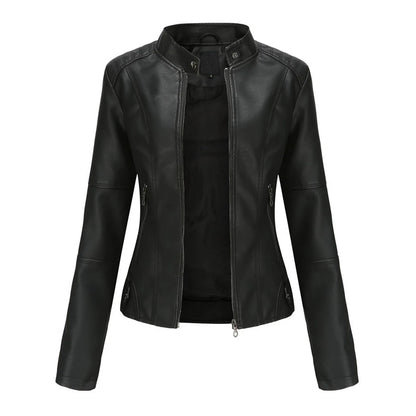 Women's Minimalist Faux Leather Zip Jacket with Stand Collar Contemporary Streetwear Style