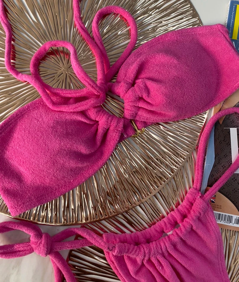 Textured Fuchsia Terry Cloth Bikini with Center Ring Detail and Side-Tie Bottom