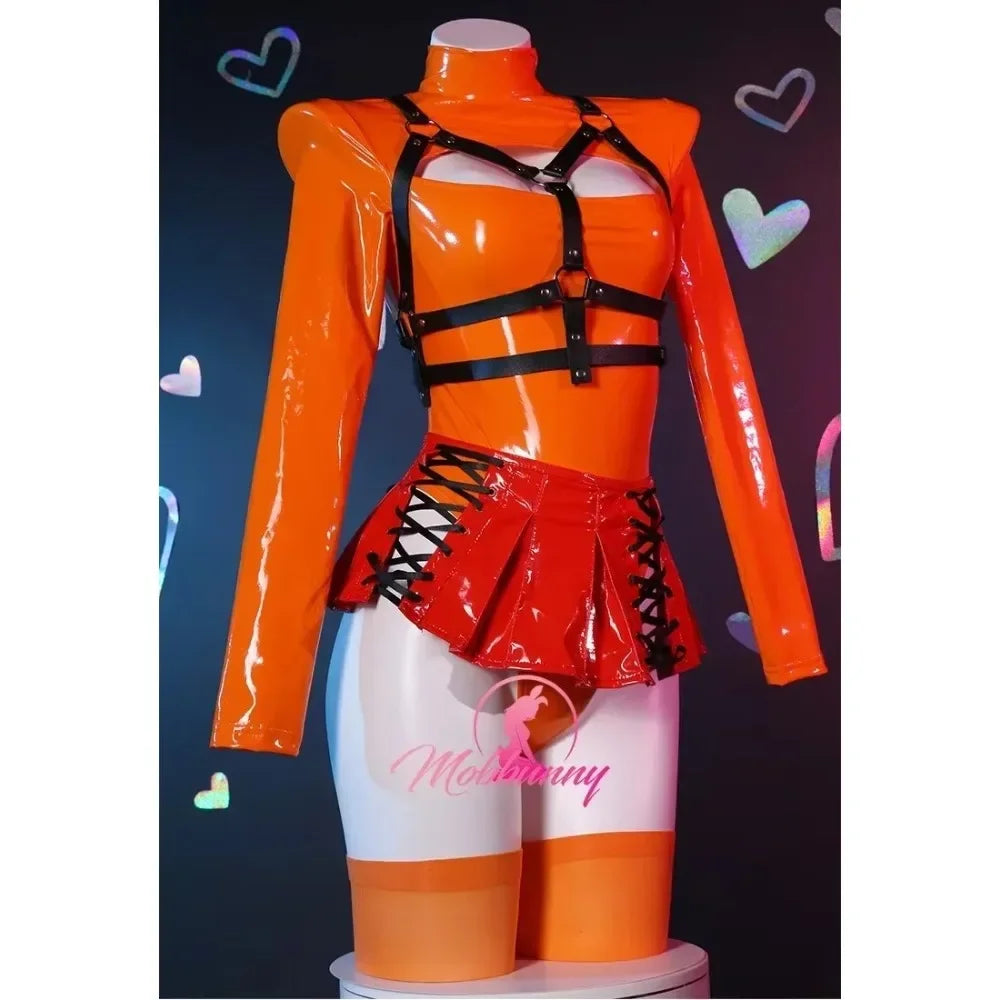 Women's Zip Front Bodysuit Set with Lace-Up Mini Skirt, Harness Belt and Matching Socks