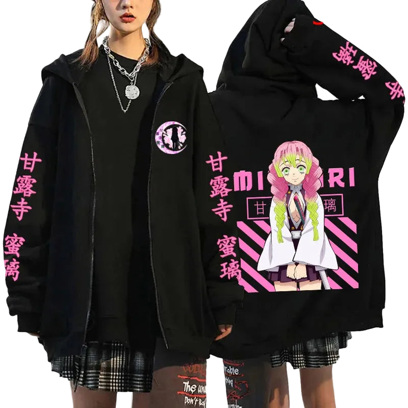 Kawaii Streetwear Zip Hoodie with Manga Graphic Artwork
