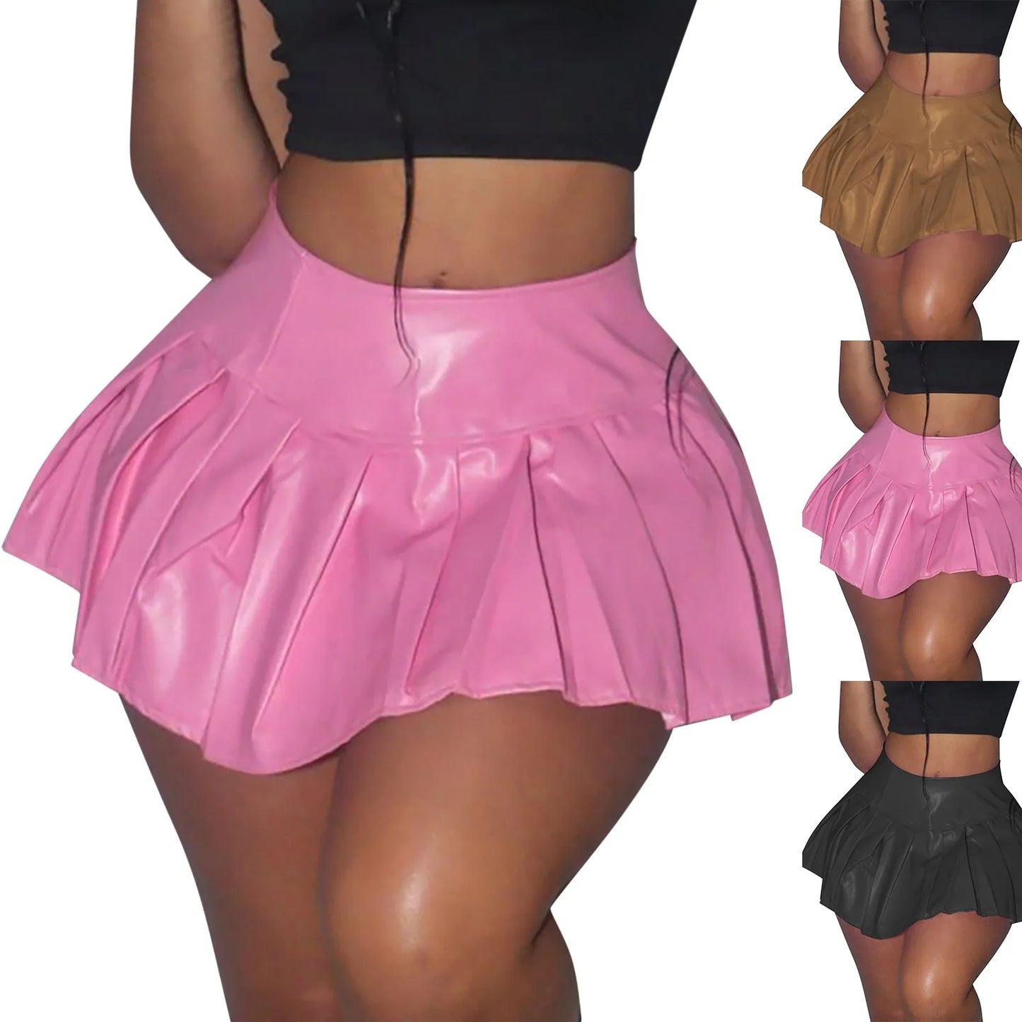 Glossy Pleated A-Line Mini Skirt with Stretch Streetwear-Inspired Silhouette