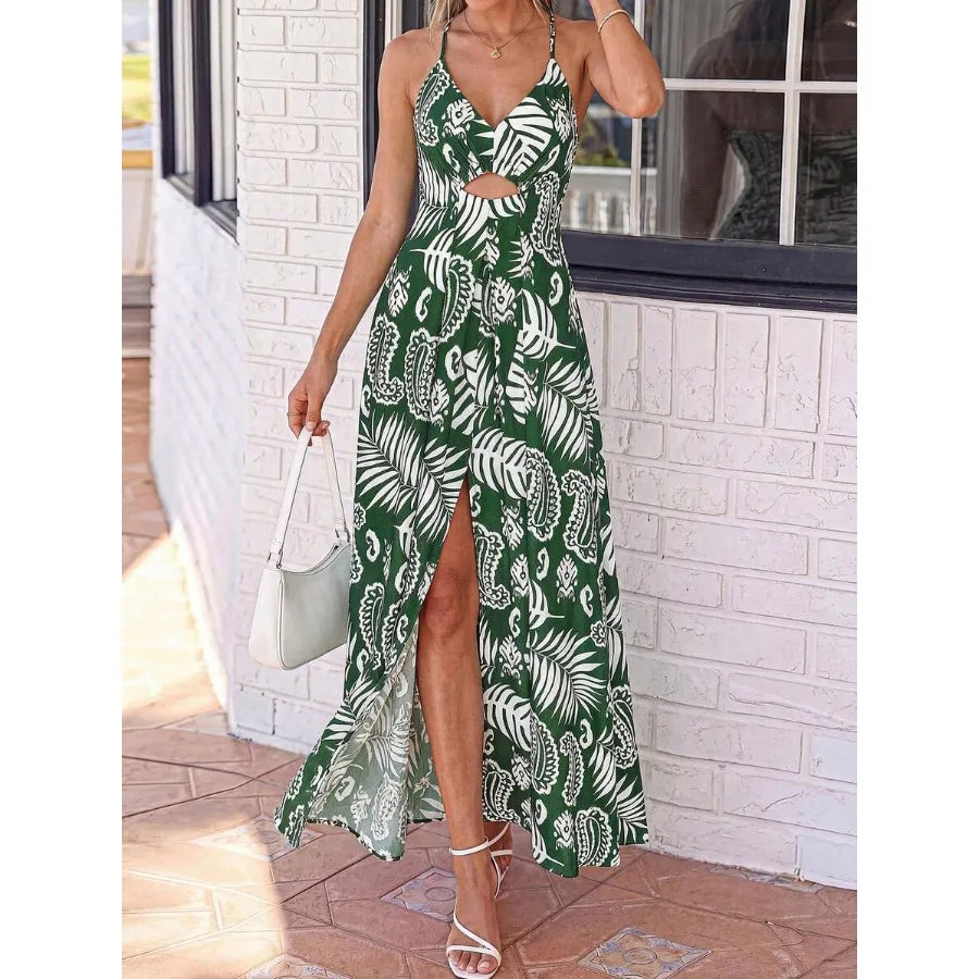 Floral Print Maxi Dress with Smocked Bodice and Open Back Detail