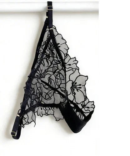 Embroidered Sheer Floral Lace Demi-Cup Bra and Matching Low-Rise Thong Set