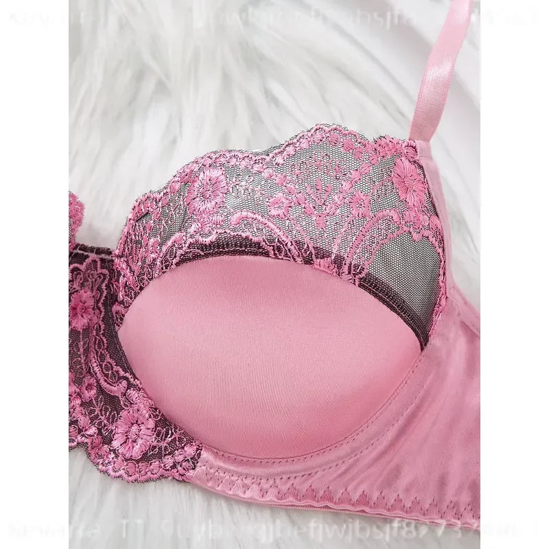 Contrast Floral Lace Balconette Push-Up Bra and Scalloped Thong Set