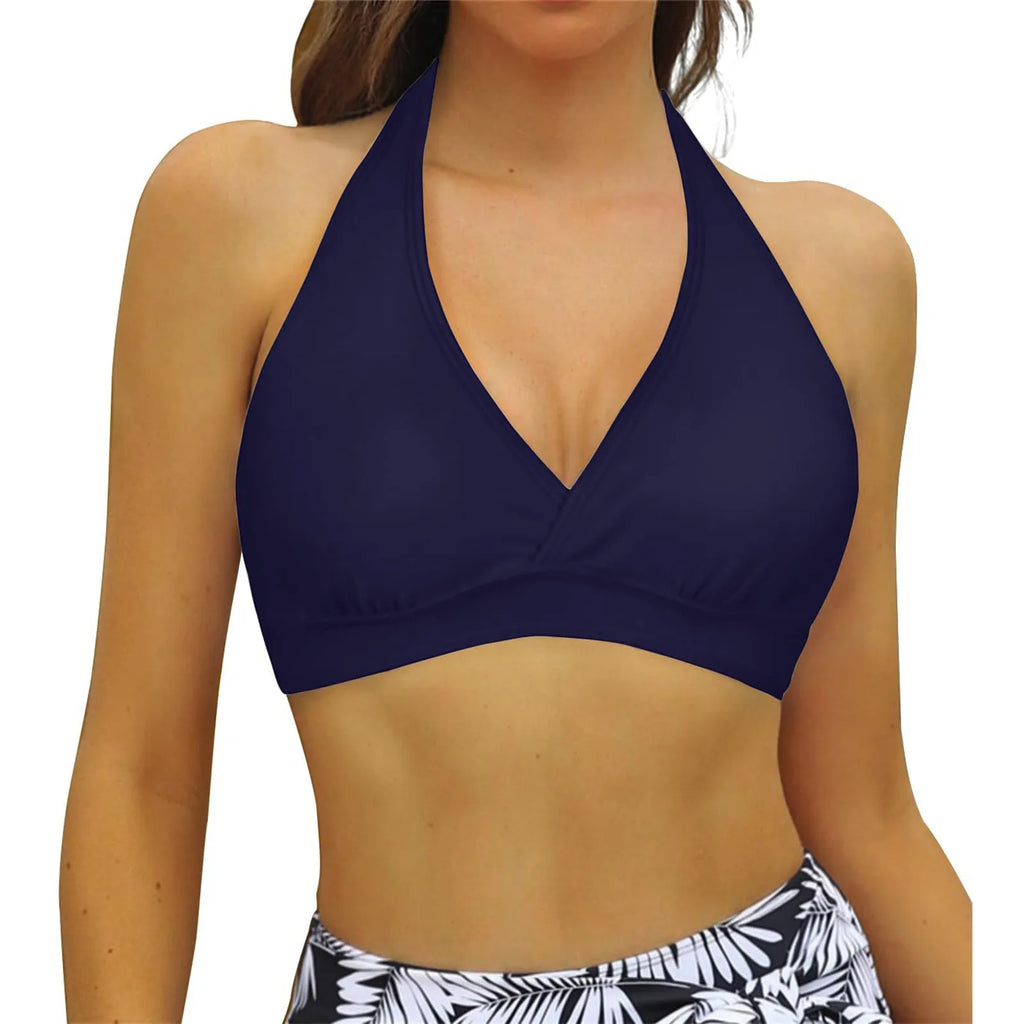 Classic Black Halter Bikini Top with Gathered Front Detailing and Tie-Neck Straps