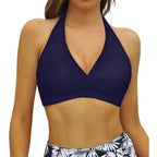 Classic Black Halter Bikini Top with Gathered Front Detailing and Tie-Neck Straps