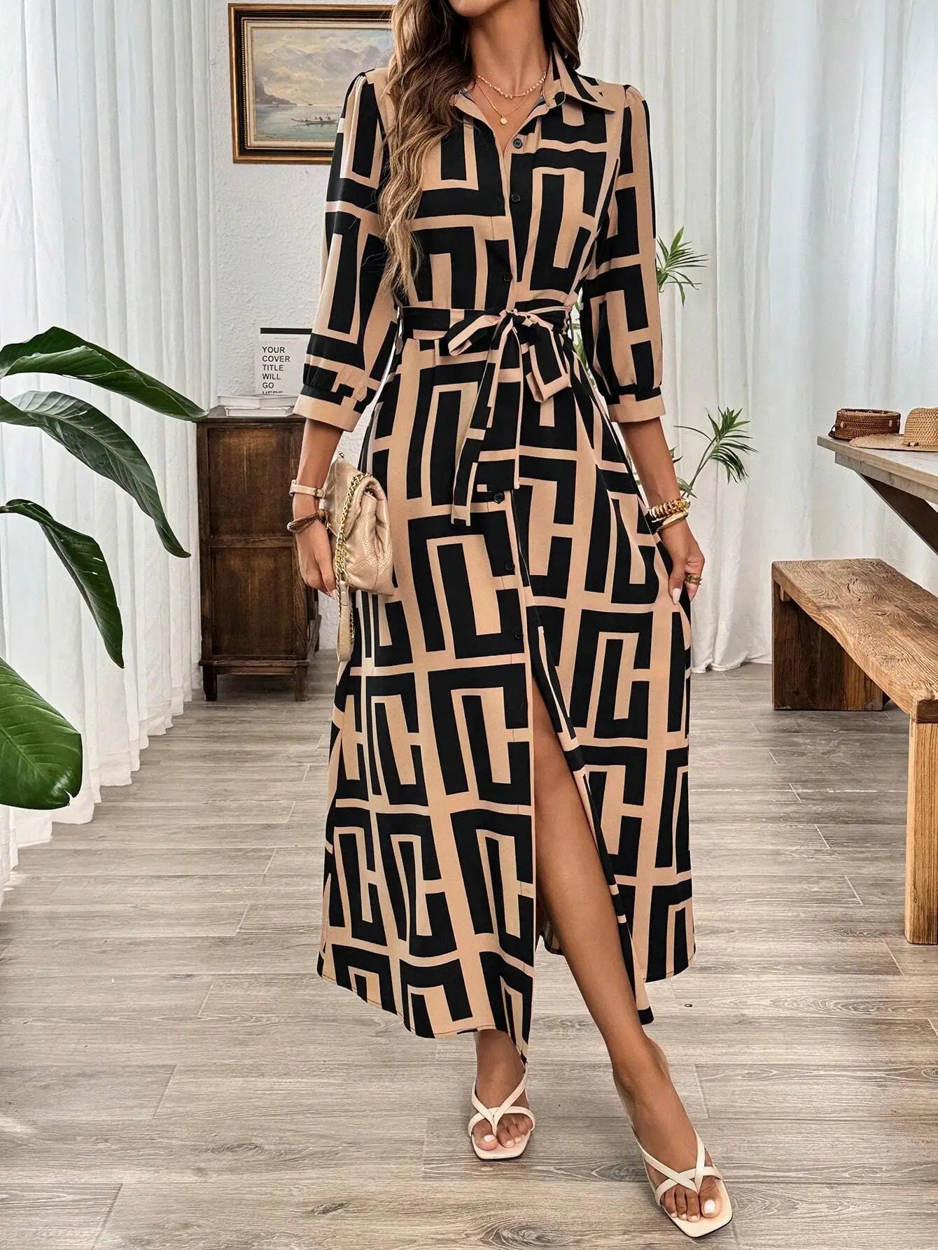 Geometric One Shoulder Bodycon Mini Dress with Lantern Sleeve Statement Design