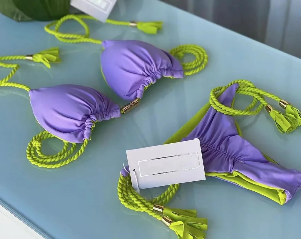 Soft Periwinkle Triangle Bikini Set with Two-Tone Twisted Rope and Tassel Details
