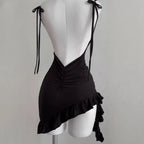Strapless Backless Bodycon Mini Dress with Lace-Up Detail and Ruffle Hem