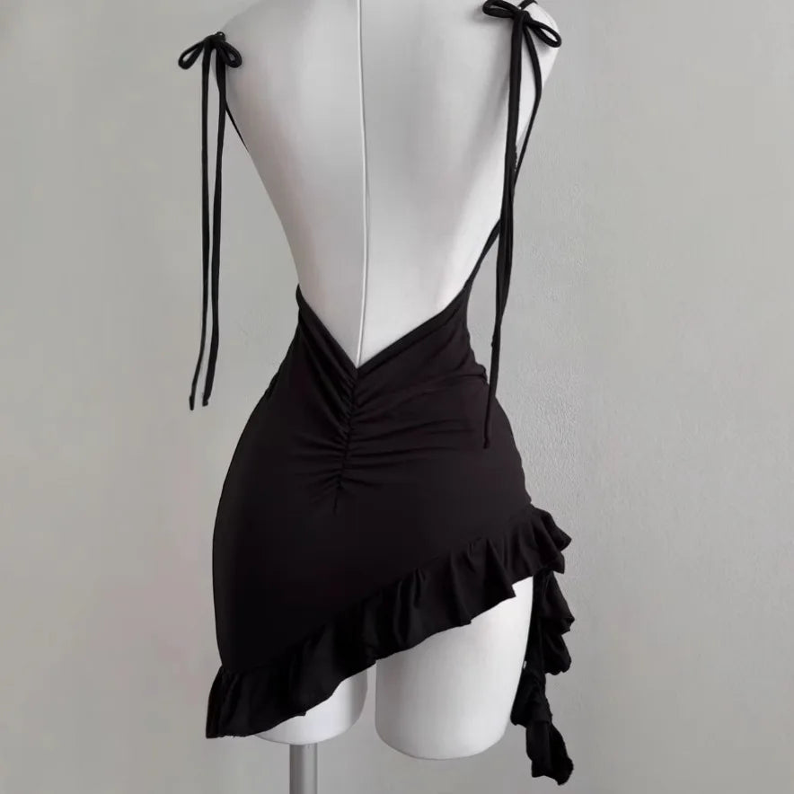 Strapless Backless Bodycon Mini Dress with Lace-Up Detail and Ruffle Hem