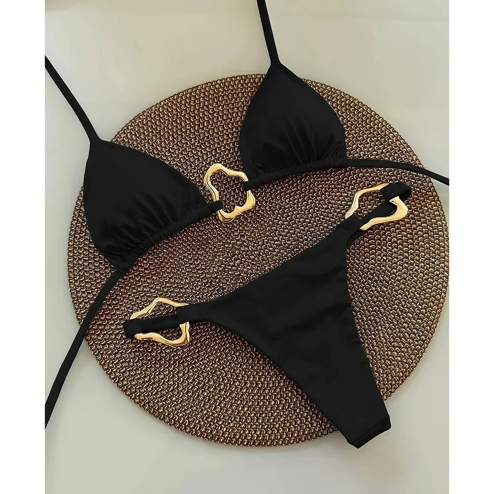 Rich Teal Triangle Bikini with Delicate Metallic Ring Details