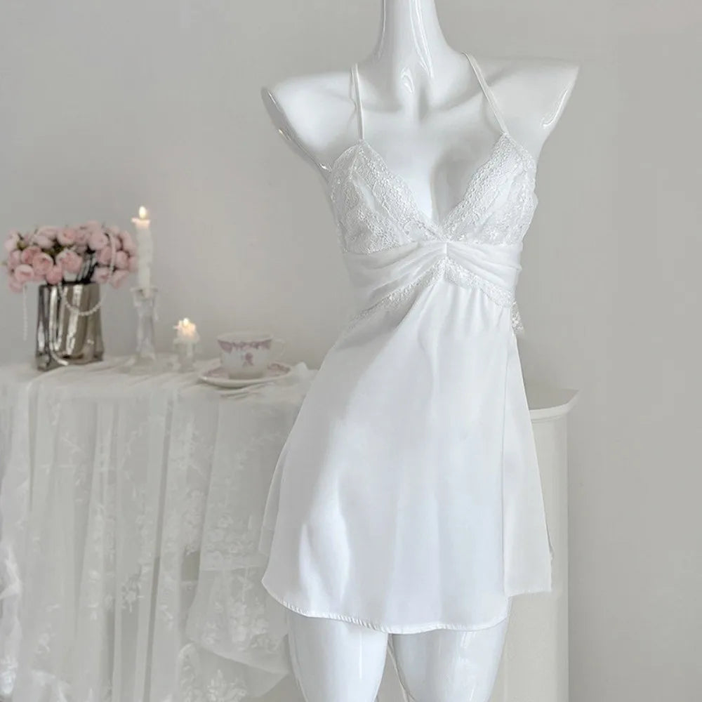 Delicate Blush Pink V-Neck Chemise with Intricate Sheer Lace Bodice
