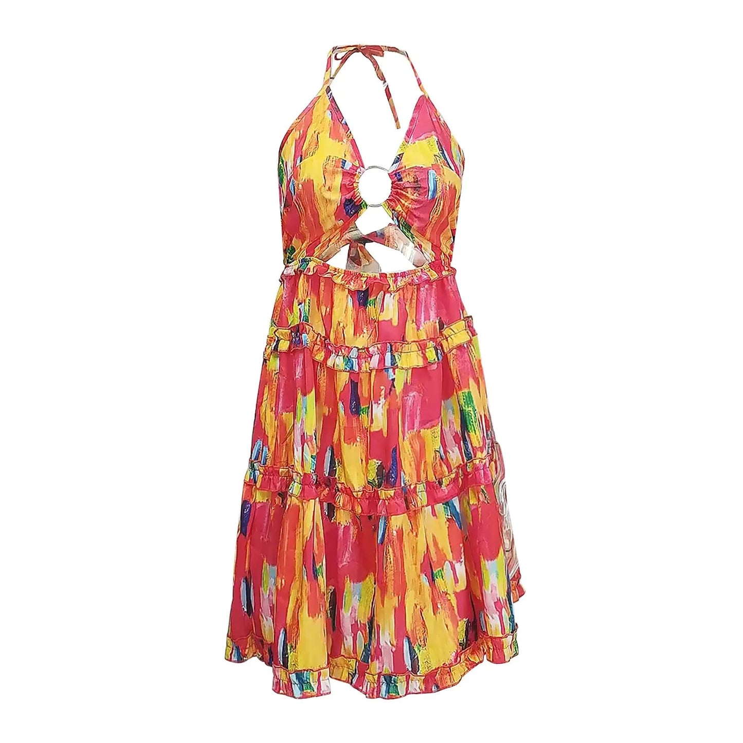 Tropical Ruffle Mini Dress with Playful Manga-Inspired Styling