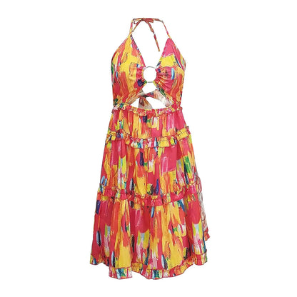 Tropical Ruffle Mini Dress with Playful Manga-Inspired Styling