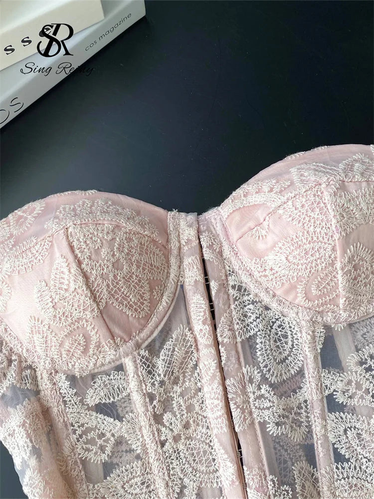 Romantic Light Pink Sheer Lace Strapless Corset with Floral Embroidery and Tie Detailing