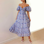 Floral Print Maxi Dress with Puff Sleeves and Waist Cutout Detail