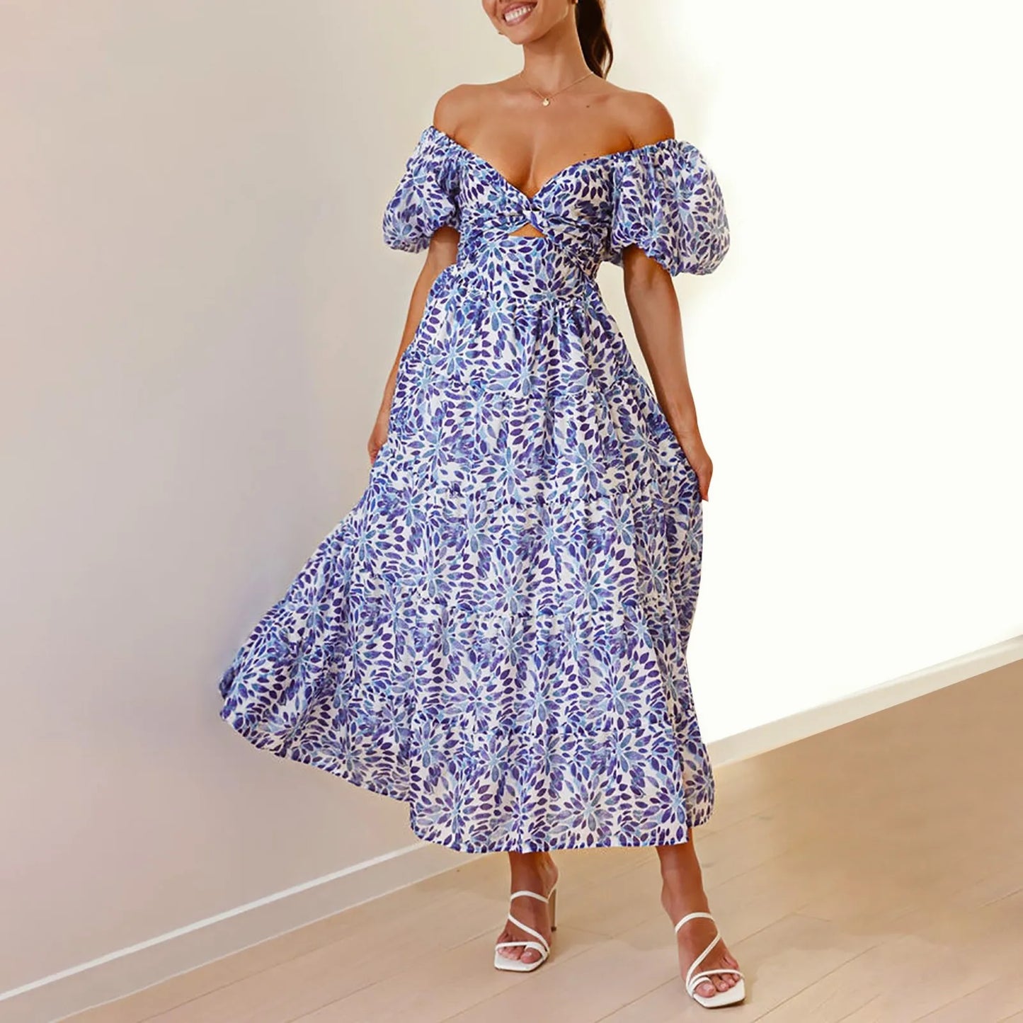 Floral Print Maxi Dress with Puff Sleeves and Waist Cutout Detail