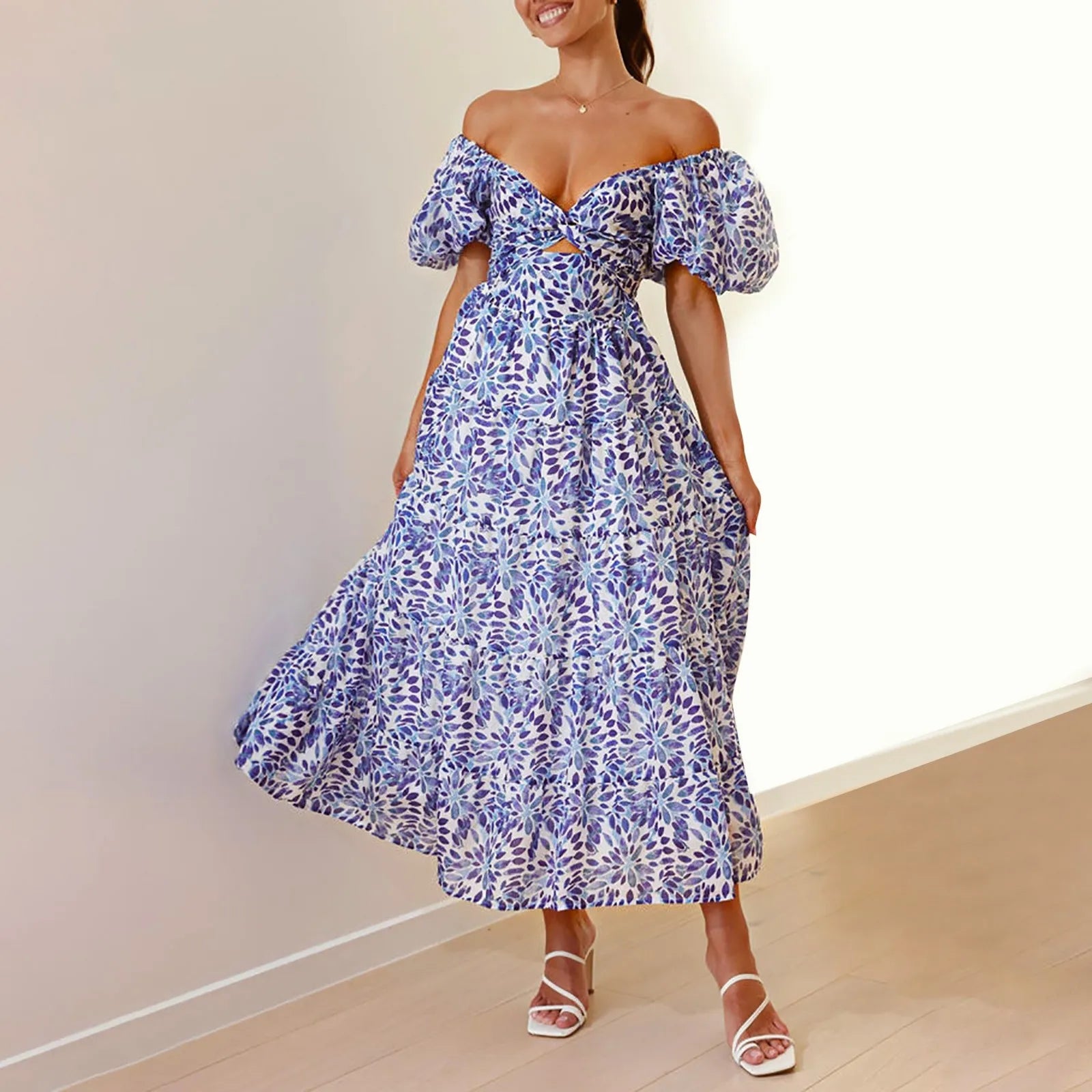 Floral Print Maxi Dress with Puff Sleeves and Waist Cutout Detail
