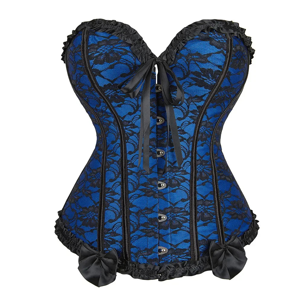 Floral Lace Overbust Corset with Structured Boning and Decorative Bow Detail