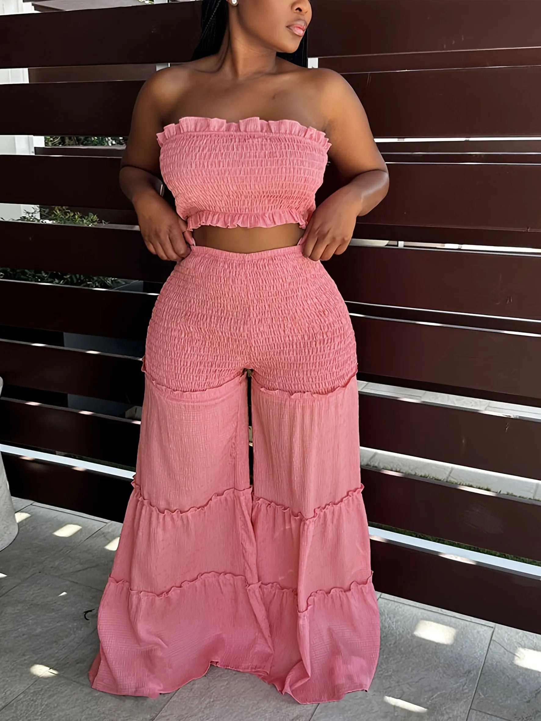 Women's Smocked Tube Top and Wide Leg Pants Co-Ord Set