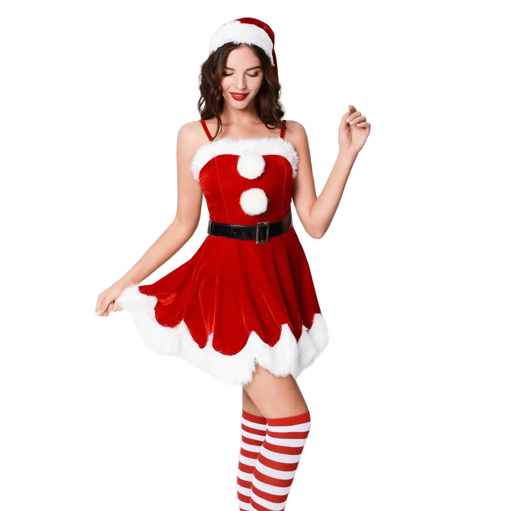 Festive Red Velvet-Style Mini Dress with Faux-Fur Trim and Statement Belt