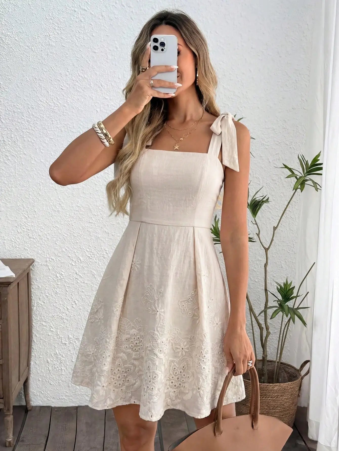 Tie Shoulder Striped A-Line Mini Dress with Square Neck Design