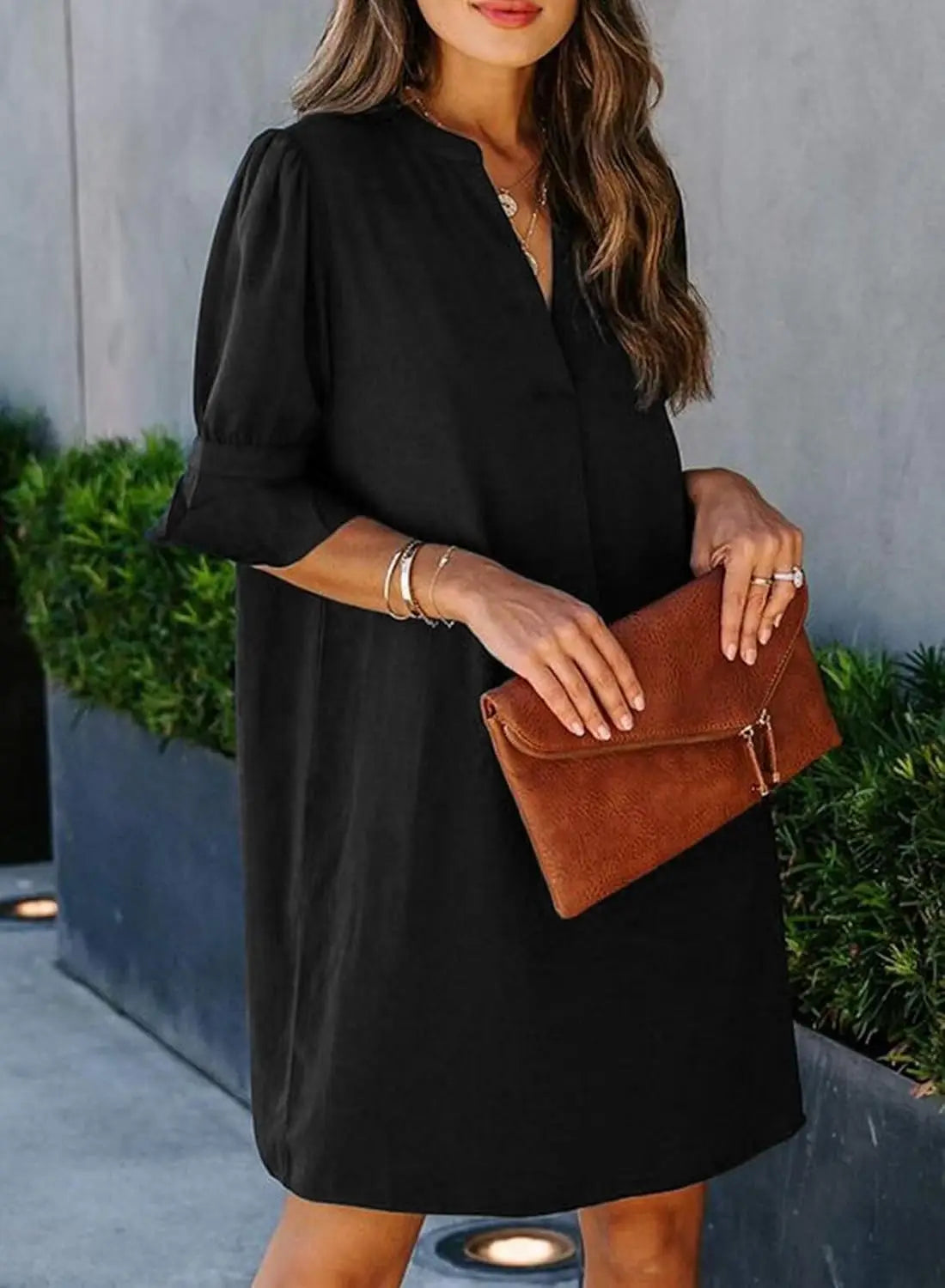 Oversized V-Neck Mini Dress with Ruffle Sleeves Contemporary Casual Streetwear Style